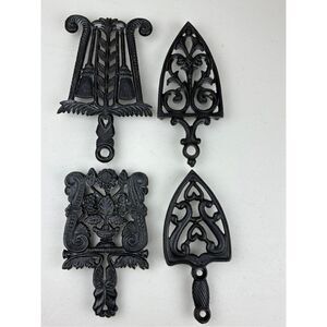 Lot Of 4 Vintage Wilton Cast Iron Footed Trivets Sad Irons Broom Grain Grapes ET